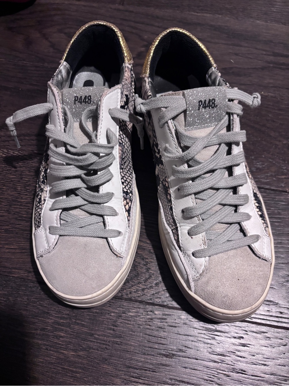 P448 Women's Light Gray Snake-Print Low-Top Sneakers with Gold Heel Accent